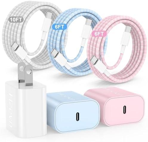 Hzevn 20W USB C Fast Charging for iPhone 17 Air/16/15 Pro Max,2Pack Colorful Mixed Charger Block with Braided Long USB C to C Cables (6/6/10ft) Compatible with iPhone16/15 Pro/15 Plus/iPad Pro