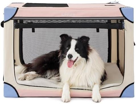 Lesure Soft Collapsible Dog Crate - 36 Inch Portable Travel Crate for Large Dogs Indoor & Outdoor, 4-Door Foldable Pet Kennel with Mesh Windows, Beige