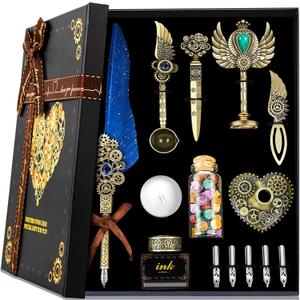 Aifeiter Quill Pen ink Set,Wax Seal Stamp Set,Calligraphy Pen ink Set,Feather Calligraphy Pen Set,Beautiful Gift Calligraphy Set,Christmas Gifts-Blue