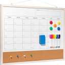 Dry Erase Calendar Whiteboard, 24" x 18" Magnetic Whiteboard Cork Board Combo, Reusable Monthly Planner with 8 Markers, Eraser, Magnets and Pushpins, Hanging Dry Erase Board for Home, School - White