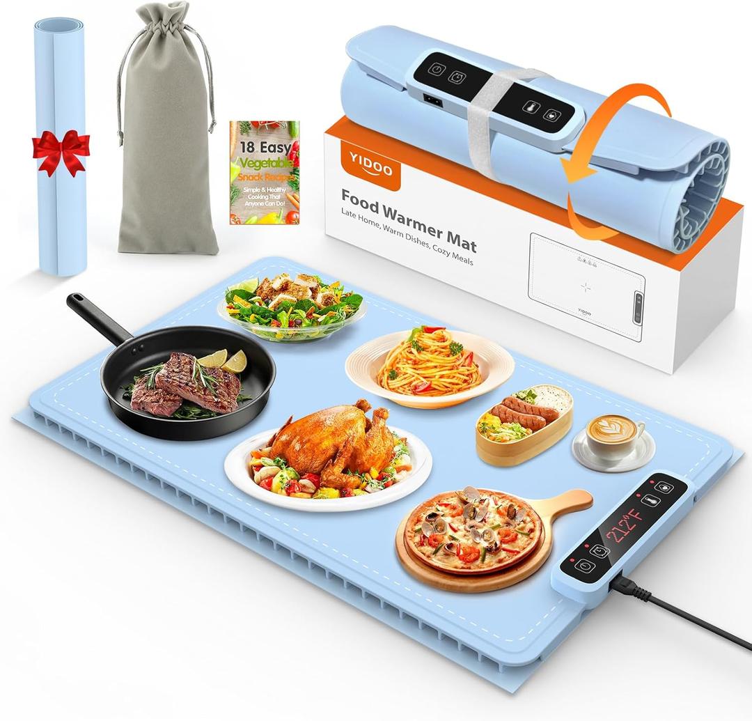 Premium Electric Warming Tray for Food - 5 Temp & 4H Timer, Anti-Scald Silicone Portable Food warmer Mat, Safety Lock, Roll-Up Design - Food Warming Mats for Countertop & Buffet Party Gathering (Baby Blue)