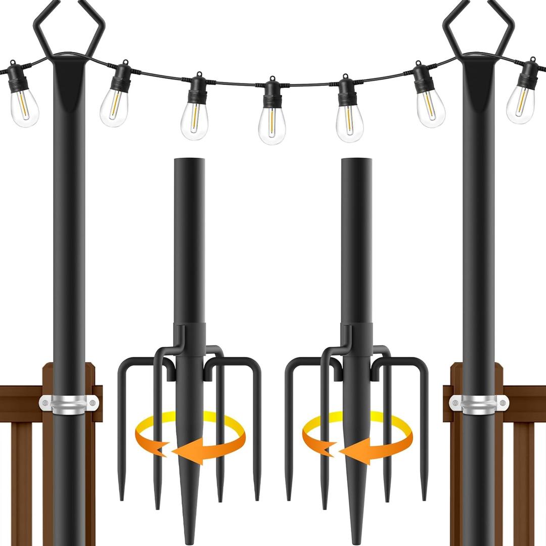 AILBTON 10Ft String Light Poles 2 Pack,Light Poles for Outside Lights,Outdoor with Fence Brackets Hanging Lights,Metal Stand Deck Patio Backyard