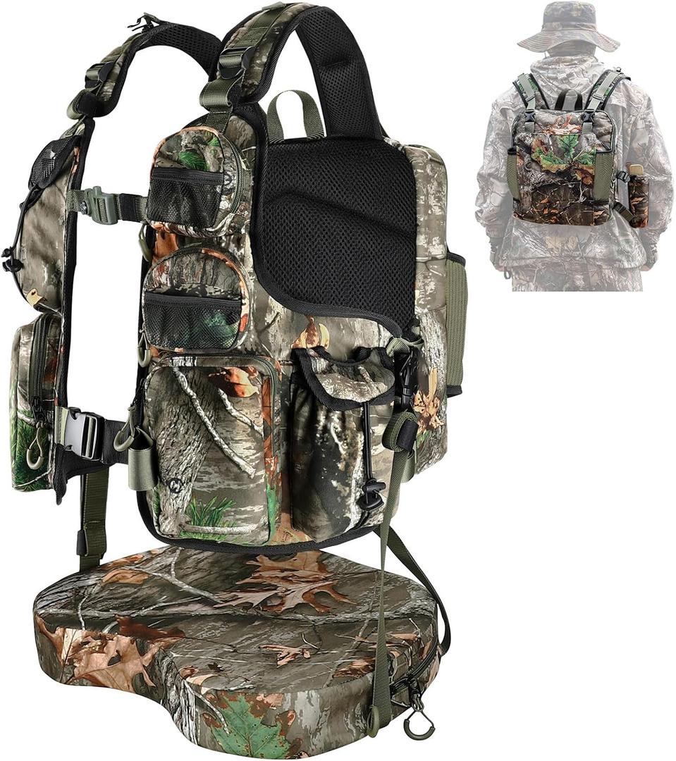 Kalkal Turkey Vest with Seat, Lightweight Camo Turkey Hunting Vest with Multi-Compartment Storage, Hydration Pocket, Quiet Fabric, Turkey Hunting Gear for Men Women