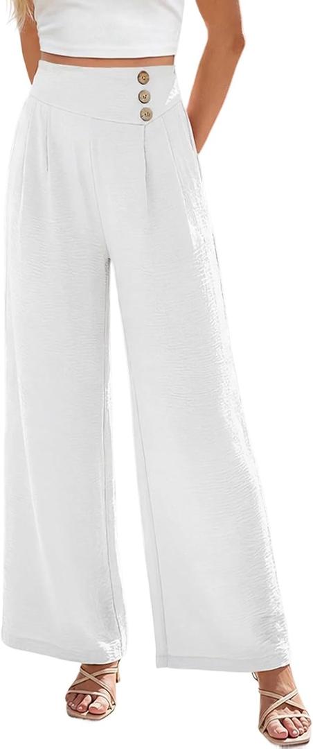 EVALESS Womens High Waisted Button Pleated Wide Leg Pants Beach Vacation Trouses (Medium, White)