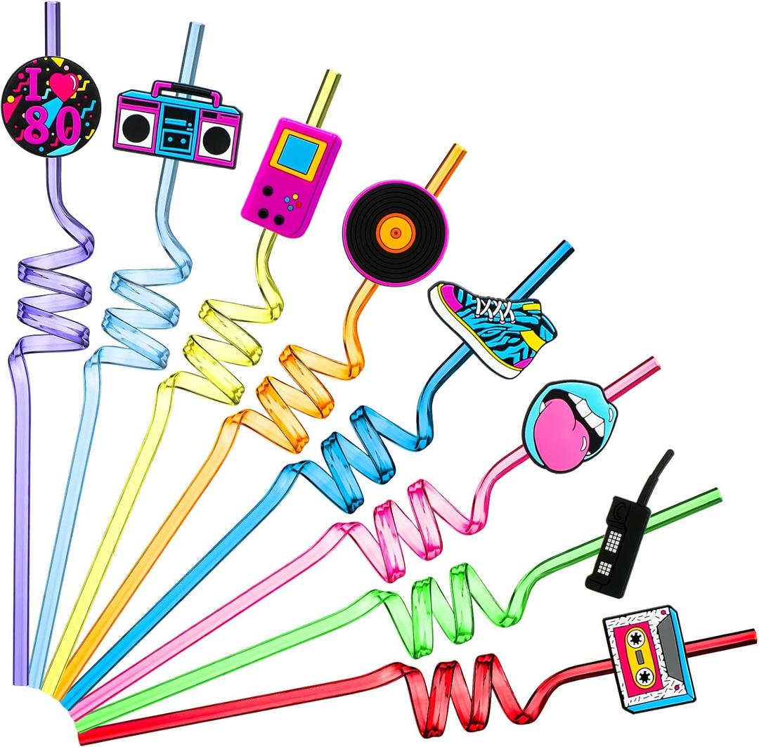 Vesici 80s Party Decor Retro Straw Hip Hop Theme 80s Party Silly Drinking Straws I Love Radio Boombox Mobile Phone Decorations for Adults, 8 Colors and Styles(24 Pcs)