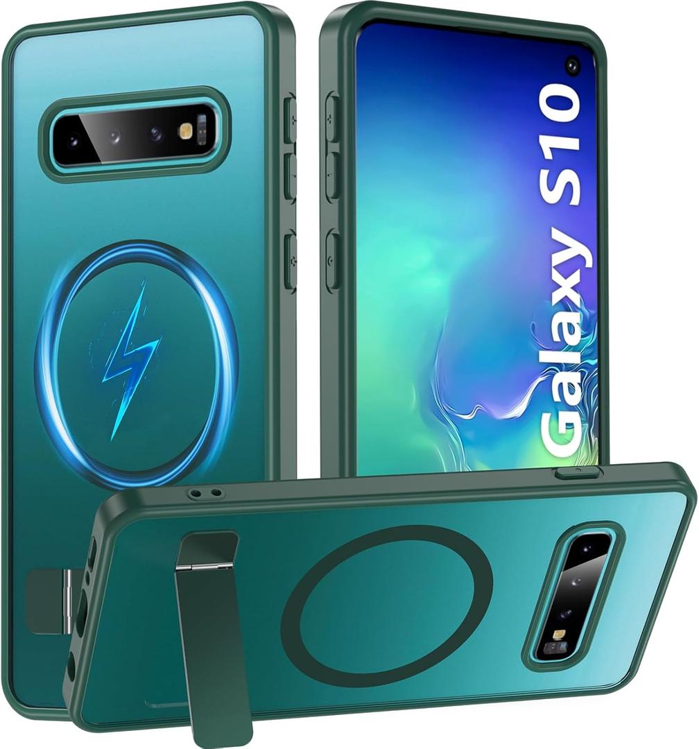 for Samsung Galaxy S10 Case with Stand,Magnetic Galaxy S10 Case Translucent Matte Military Grade Adjustable Kickstand Shockproof Protective Bumper Phone Case for Samsung S10,Green