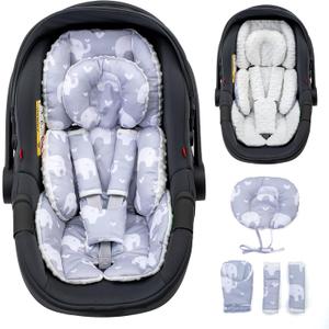 Baby Car Seat Head Support with Extra Headrest, Adjustable Infant Car Seat Insert with Shoulder Pads Set, Breathable Mink Dot Carseat Cushion for Newborn, Fits for Stroller, Baby Swing, Bouncer (Gray Elephant)