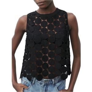 Floerns Women's See Through Sleeveless Y2k Tank Top Crew Neck Vest Shirts (Black)