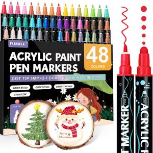 FUMILE 48 Colors Acrylic Paint Marker Dual Tip(Fine and Dot Tip), Paint Pens Acrylic Markers for Wood, Rock, Plastic, Glass, Ceramic, Canvas.Acrylic Markers Set for DIY Christmas Card and Art