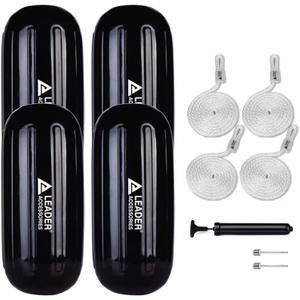 Leader Accessories Boat Fender 4 Pack Boat Bumpers Hole Through Middle Ribbed Inflatable Includes 3/8'' Fender Lines Pack od 4 and Pump to Inflate
