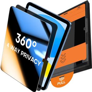 OMOTON 360 Privacy Screen Protector for iPad A16 11th 10th Generation (11/10.9 inch 2025/2022), 4 Way Anti-Spy Tempered Glass with Installation Tray, Case & Apple Pencil Compatible, 2 Pack