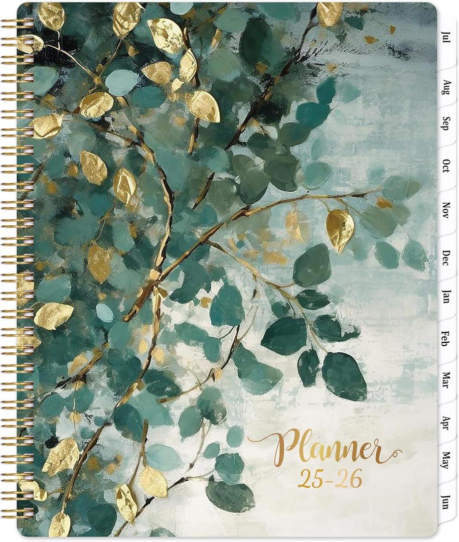 Planner 2025-2026 - Academic Planner 2025-2026, 8" x 10", JUL.2025 - JUN.2026, Weekly Monthly Calendar with 12 Monthly Tabs, Strong Twin-wire Binding, Back Pocket - Art Leaves