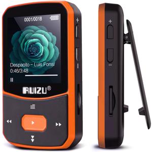 RUIZU 64GB Clip MP3 Player with Bluetooth 5.3, Portable Music Player with Voice Recorder for Sport Running, FM Radio, Pedometer, A-B Repeat, Audio Shuffle Playback, Support 128GB Micro SD Card, Orange