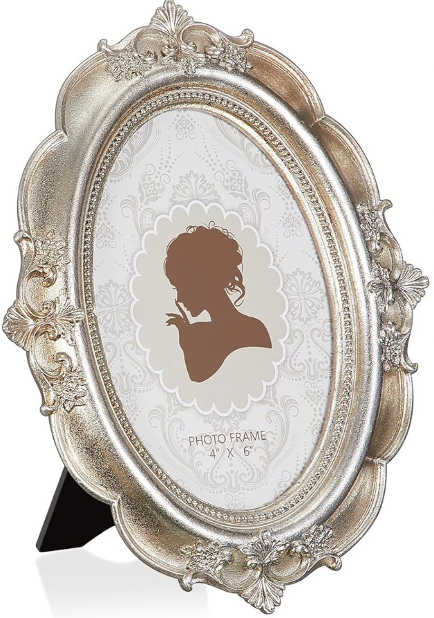 Qunclay 1Pcs Vintage Picture Frame Antique Baroque Ornate Resin Rectangle Oval Photo Frame with Glass Front Tabletop and Wall Decor for Home Wedding Christmas Party Decor(Silver,4 x 6 Inches)