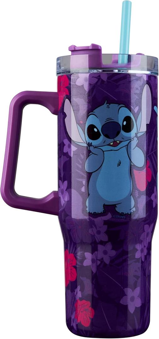 Disney Stitch Insulated Tumbler Travel Mug 33oz Stainless Steel Water Bottle with Handle and Straw Thermal Double Wall Vacuum Insulation Drinks for Hot Cold Ice Cupholder Compatible