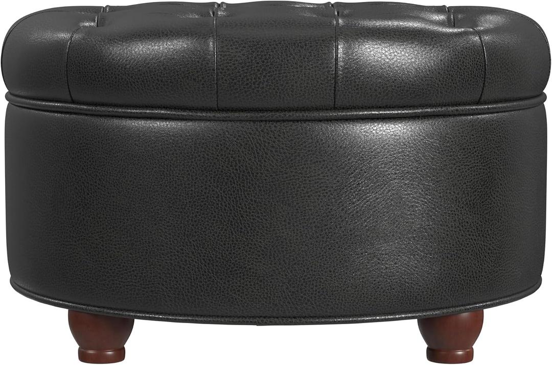 HomePop 25" Button Tufted Round Storage Ottoman - Black Faux Leather, 25"D x 25"W x 15"H