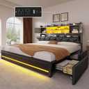YITAHOME King Size Bed Frame with RGB LED Lights & Storage Bookcase Headboard, Upholstered Bed with Charging Station and 4 Drawers, No Box Spring Needed, Easy Assembly, Noise-Free, PU Leather Black