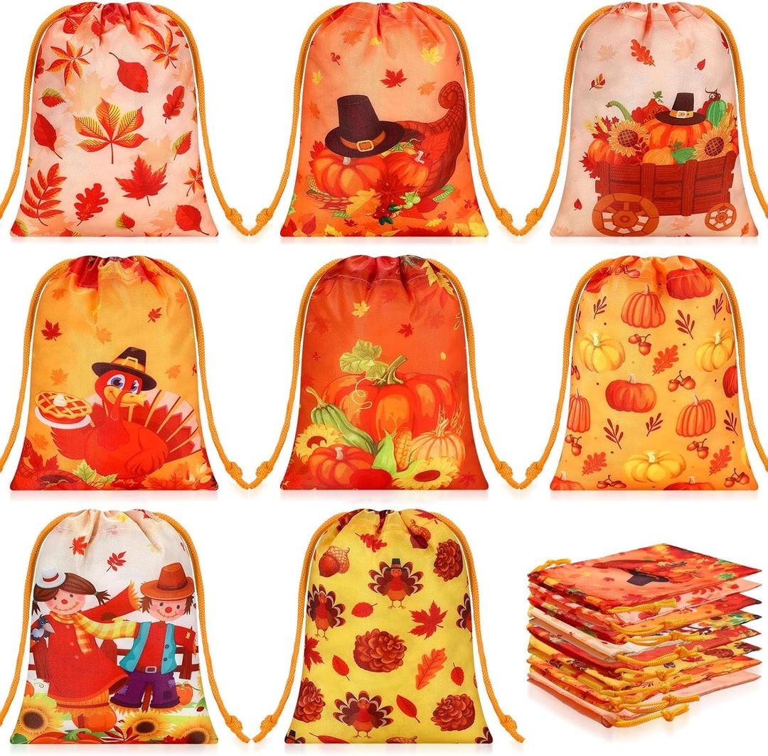 Honoson 24 Pieces Thanksgiving Gift Bags Fall Thanksgiving Party Favor Pumpkin Turkey Maple Leaves Candy Goodies Treat Bag for Fall Harvest Party Supplies