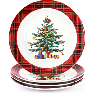 Homlouue Ceramic Christmas Tree Dinner Plates, Christmas Plates Set of 4, Ceramic Christmas Plates, Dinner, Dessert, Salad, Pasta and Appetizer Plate, Christmas Tree and Santa Plate, Red Plaid, 10.5''
