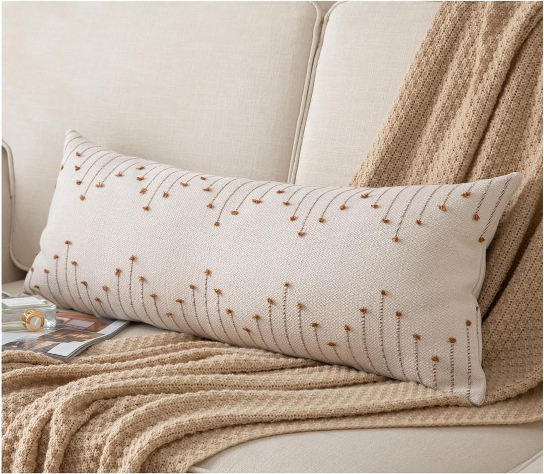 Boho Lumbar Pillow Cover 14"x36" Long Pack of 1 Decorative Pillows Bed, Beige with Brown Body Throw Pillow Covers, for Modern Farmhouse Sofa Bedroom Living Room Home Decor Couch Pillowcase