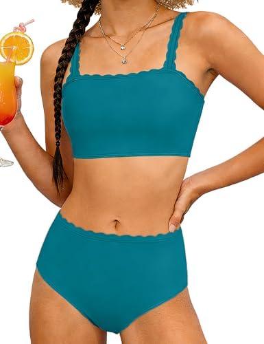 TyeSmo Girls 2 Piece Swimsuit Modest Bikini Tween Girls Swimsuits Size 10-12 Girl Bathing Suits Square Neck High Waisted Padded Full Coverage Swimwear Solid Green