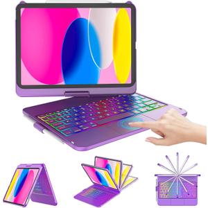 CC Store for iPad (A16) 11th 10th Generation Case with Keyboard - 7 Color Backlit 360° Swivel Multi-Touch Track Pencil Holde for iPad 11-inch A16 2025 10th Gen 10.9 Inch 2022 (Purple)