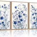 FWIEXA Blue White Wildflower Canvas Wall Art Set of 3, Framed Navy Chinoiserie Watercolor Botanical Pictures Wall Decor, Minimalist Floral Paintings Artwork, 24x36In Florals Prints for Living Room, Bedroom, Bathroom