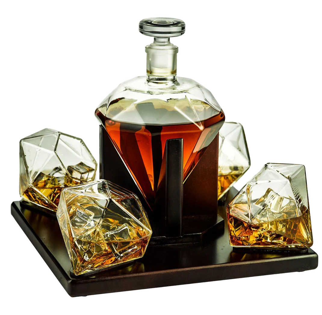 The Wine Savant Diamond Whiskey & Wine Decanter, Iridescent Set - 750ml With 4 Diamond Glasses and Beautiful Mahogany Wooden Holder Liquor, Scotch, Rum, Bourbon, Tequila Tray Whiskey Gifts for Men