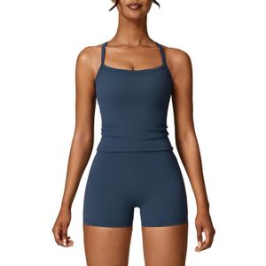 Workout Sets for Women 2 Piece High Waisted Seamless Butt Lifting Shorts Gym Yoga Outfit Stretchy Sports Bra Sets (X-Small, Deep Blue)