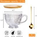 Cididu Large Glass Vintage Latte Mugs Set of 4, 12 Oz Ribbed Cups with Bamboo Lids and Spoons for Cappuccino, Tea, Hot and Cold Drinks, Embossed Breakfast Cup Gift for Coffee, Espresso, Juice, Milk