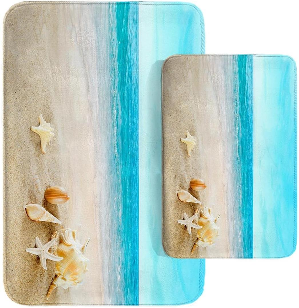 Britimes Beach Sea Shell Ocean Bathroom Rug Mat Set of 2, Summer Washable Cover Floor Rug Carpets Floor Bath Mat Bathroom Decorations 16x24 and 20x32 Inches