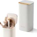 Makeup Brush Holder with Lid, Push Pop-Up Makeup Brush Organizer,4 Slots Makeup Cosmetics Organizerfor Vanity Decor, Bathroom Countertop ,Large Capcity, Dustproof,Waterproof (White and Gold)
