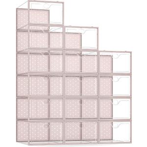 Pinkpum 15 Pack X-Large Shoe Storage Boxes, Shoe Organizer for Closet Clear Plastic Stackable Shoe Dispaly Case Bins Holder, Sneaker Storage for Sneakerheads Pink