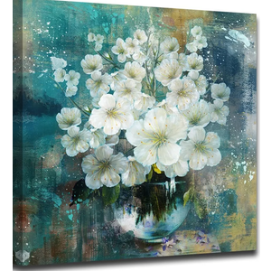 Anolyfi Bathroom Botanical Florals Prints Wall Art Rustic White Flowers Plants Canvas Painting Teal Picture Abstract Artwork Framed for Nursery Bedroom Living Room Kitchen Office Home Decor 20"x20"