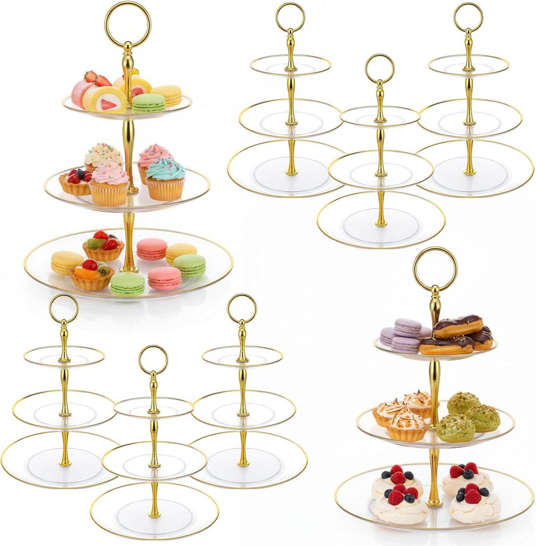 8Pack 3 Tier Cupcake Stand Bulk, Plastic Clear 3 Tiered Dessert Stand with Gold Edges Thick Round Shape Serving Dessert Tray for Tea Party Wedding Birthday Halloween Christmas Party Decorations