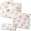 Givurao 3Pcs Cotton Quilted Makeup Bag for Women Girls, Large Floral Cosmetic Bag Set Cute Makeup Brushes Aesthetic Accessories Storage Bag Pink Flower Travel Toiletry Bag Organizer