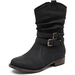 Ataiwee Women's Mid-Calf Cowboy Cowgirl Boots with Low Chunky Heel, Side Zipper, Motorcycle Style, Classic Round Toe,Fashion Western (Black/Dark Brown/Grey) Boots, Size: 8.5