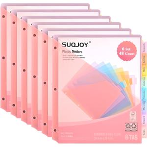 8-Tab Dividers for 3 Ring Binder, 48 Count Binder Dividers with Pockets, Subject Dividers, 3-Hole Plastics Sheets Protectors for US Letter Size in 0.5", 1",2" Binders, Vibrant 8 Color, 6 Packs
