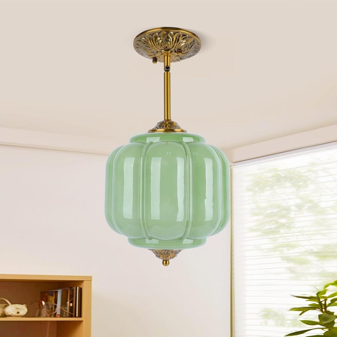 9in Green Milk Glass Ceiling Light, LED Bulb Included, Vintage Schoolhouse Semi Flush Mount Pendant Light Art Deco Chandelier for Kitchen Dining Room Hallway Bedroom, Antique Gold & Green