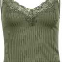 Lace Trim Cami Tops for Women Sexy V Neck Spaghetti Straps Camisole Tops Ribbed Soft No Underwire Gather Bralettes Set of 3 XXL