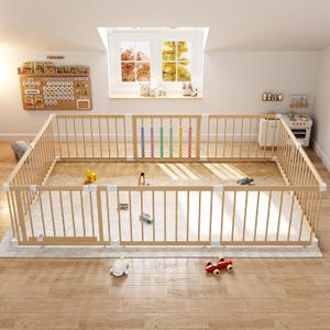 Wooden Baby Playpen, 10 Panels Fence for Babies and Toddlers 83”×57”