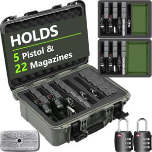 Pistol Gun Case for Multiple Handguns  TSA Approved Travel Pistol Case with 2 TSA Locks, Pre-cut Heavy Duty Waterproof Hard Shell Gun Case with Silica Gel Canister (5 Handguns Case & 17 Magazines)
