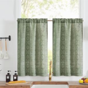 jinchan Boho Kitchen Curtains Linen Tier Curtains 24 Inches Bohemian Cafe Small Drapes Gray Striped Mudcloth Farmhouse for Bathroom RV Camper Light Filtering Rod Pocket 2 Panels Sage Green