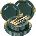 Joyido 125PCS Green and Gold Plastic Plates - Fancy Green Disposable Plates - Vintage Plate with Gold Plastic Silverware Set for 25 Guests for Party & Wedding