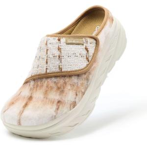 Women's Orthopedic Diabetic Wide Slippers: Comfortable Arch Support Plantar Fasciitis Walking Shoes, Casual Flat Feet Winter Warm Hook and Loop House Slip On Loafers for Foot and Heel Pain Relief (K2-brown/Beige)