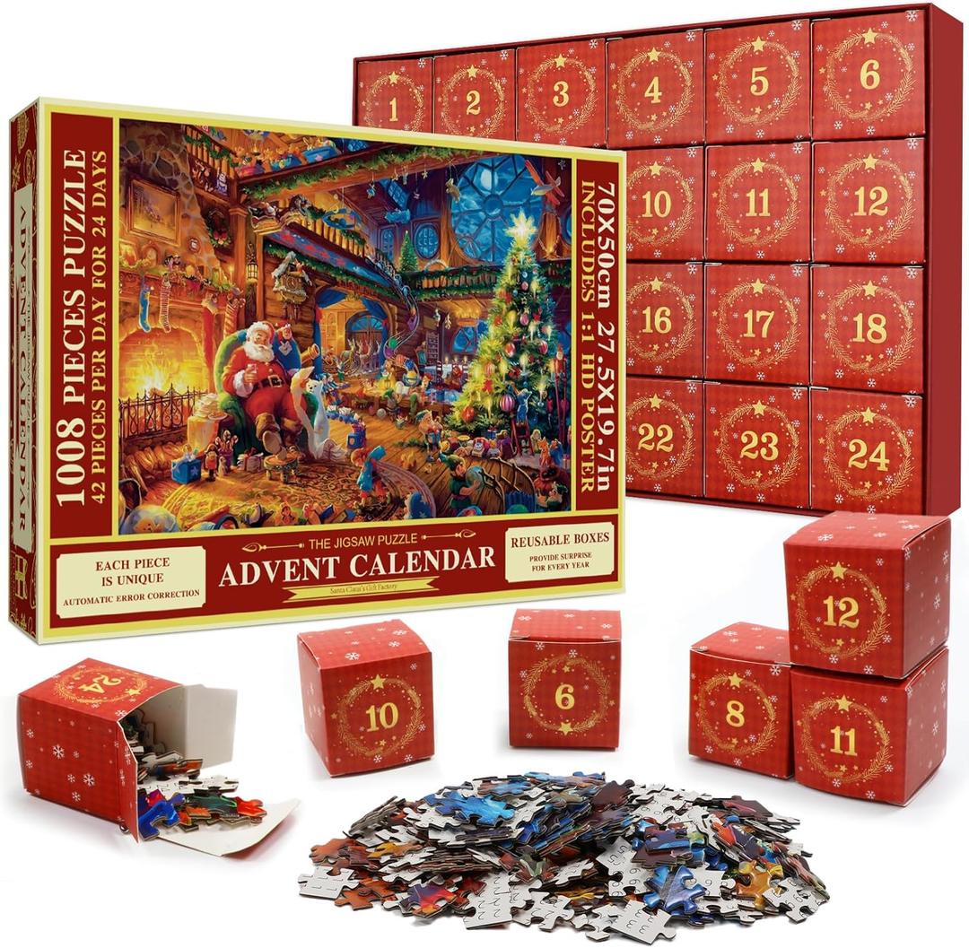 Advent Calendar 2025 Jigsaw Puzzle 1008 Pieces Puzzle 24 Days Christmas Countdown Calendars for Kids Adults