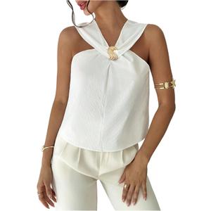 Milumia Women's Metal Decor V Neck Sleeveless Blouse Elegant Backless Casual Work Shirts (White, S)