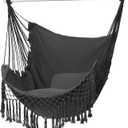 Hammock Chair, Hanging Rope Swing Seat with 2 Cushions,Macrame Hanging Chair Side Pocket with High Load-Bearing Metal Rod,for Indoor, Outdoor, Extra Comfortable (Dark Grey)