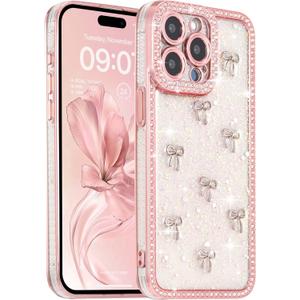 FABSPARK Case for iPhone 15 Pro Max,3D Silvery Ribbon Bow,Crystal Clear Glitter Diamond Rhinestone Sequin Shiny Sparkly Bling,Aesthetic Transparent Soft for iPhone 15 Pro Max Case - Pink/Silver Bow