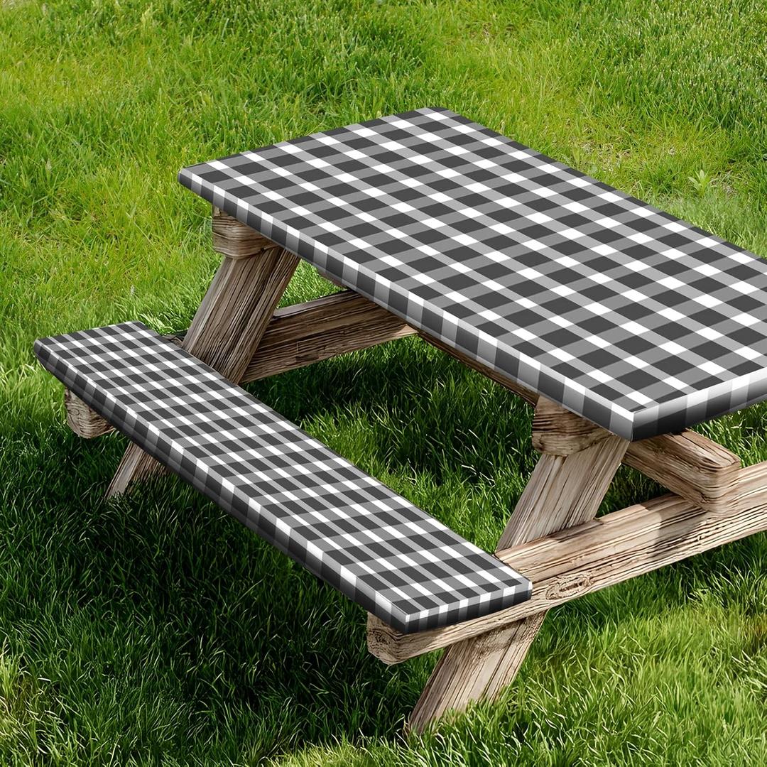 Picnic Table Cover and Bench Covers, Fitted Tablecloth Cover with Elastic Edge, Water and Oil Proof, for Outdoor, Garden, Camping, 72x28 Inch, 3 Pieces Set, Black & White